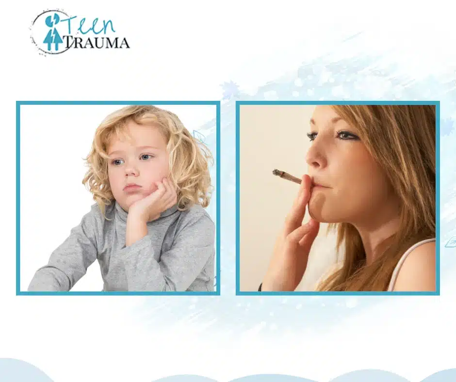 Childhood Trauma and Its Direct Link to Substance Abuse

A split image: on one side, a young child looking sad or scared, and on the other, a teenager using substances: smoking weed